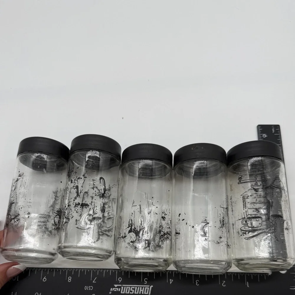 Vintage Watkins Glass Spice Jar Set of 5 Black Graphic Kitchen Sketch Shakers